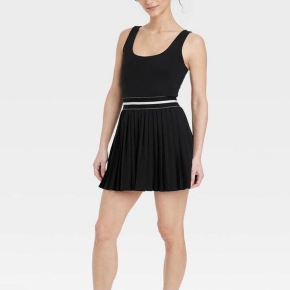 Black tennis mini Dress with white Trim- active sporty sports dress built in cup